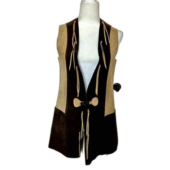 VINTAGE 60's EXCELSIOR Genuine Leather Spain Vest w Tassels Brown Tan Size Med - Picture 1 of 15